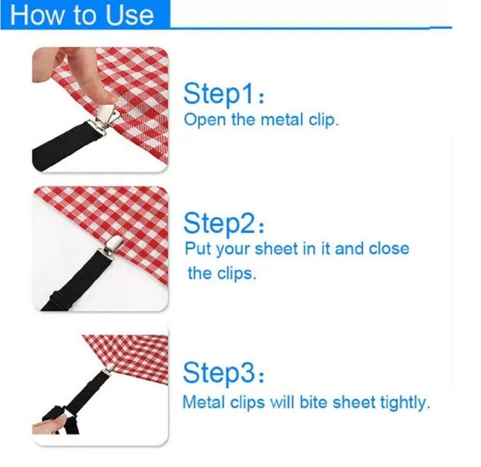 4 Pack Adjustable Bed Sheet Holder Straps Fitted Sheet Clips Fasteners Grips