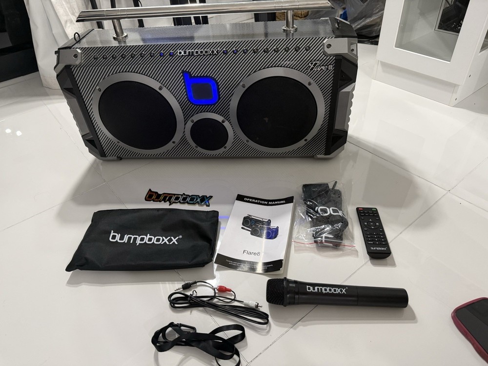 bumpboxx Flare8 Boombox Bluetooth USB Remote Microphone Aux Input Black Silver