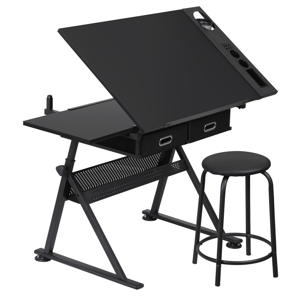 Drafting Drawing Table Tiltable Tabletop Workstation Adjustable Height w/Stool