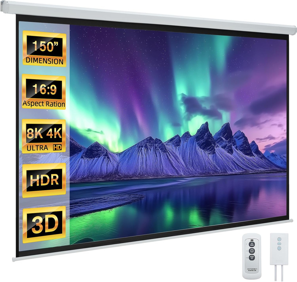 150" Projector Screen Motorized 16:9, 4K HD Pull down Retractable Projection Scr