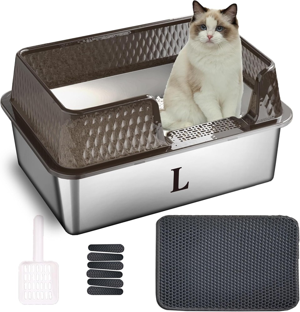 Suhaco Stainless Steel Litter Box Side Entry, Kitty Black Medium,