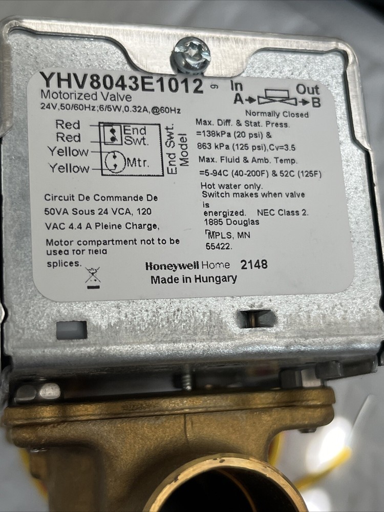 Honeywell Motorized Zone Valve (YHV8043E1012)