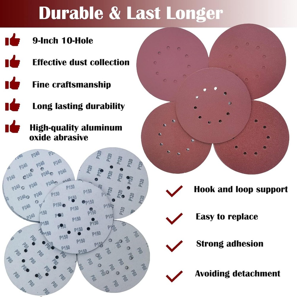 50 PCS 9-Inch 10-Hole Hook-and-Loop Sanding Discs for Drywall Sander -10...