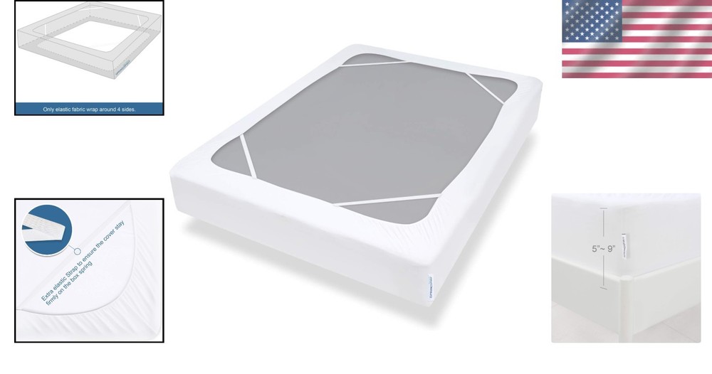 Queen Box Spring Cover with Deep Corner Pockets - Smooth White Fabric, Washable