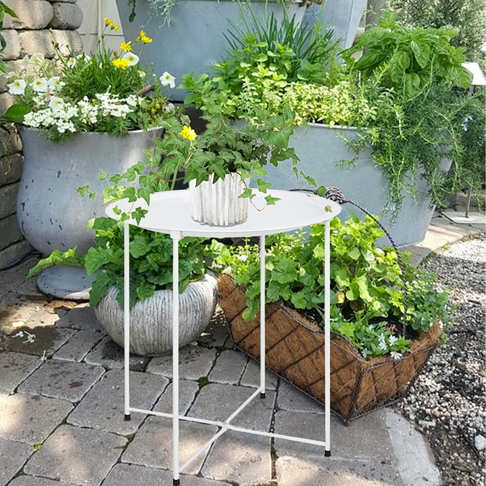 Folding Tray Metal Side Table White round End Table Cyan Sofa Small Accent Fold-