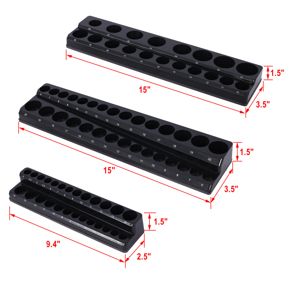 3-Piece Metric Magnetic Socket Organizers, Black Toolbox Socket Holders