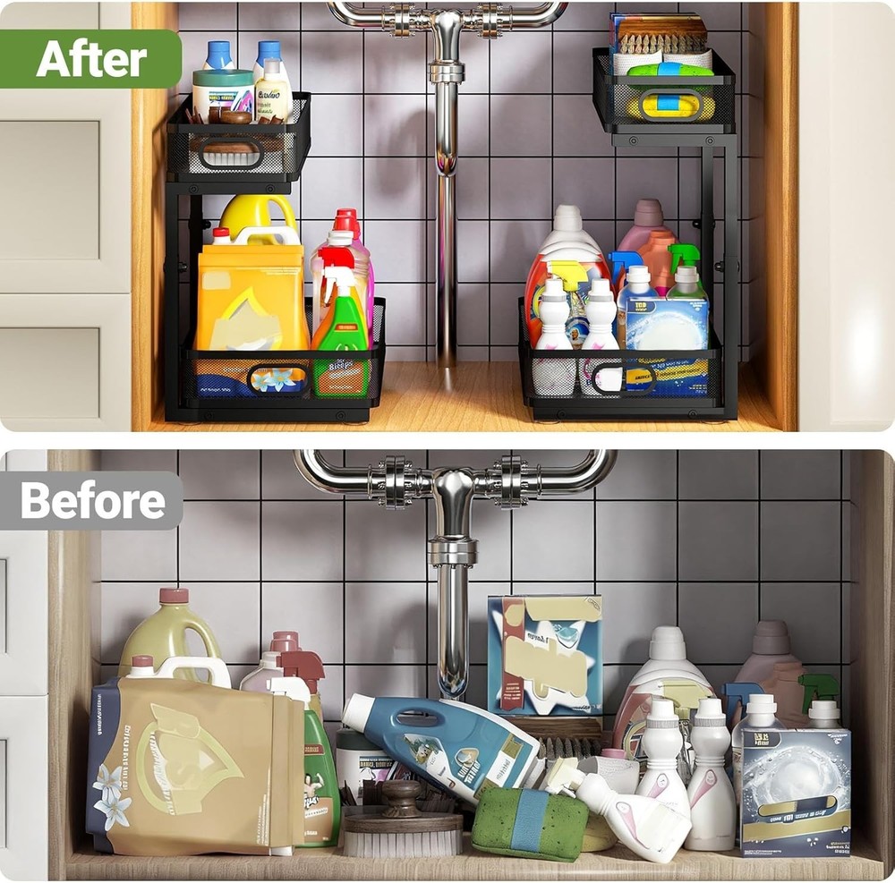 Rust-Resistant Under Sink Storage Racks: Metal 2-Tier Pull-Out Shelves - 2-Pack