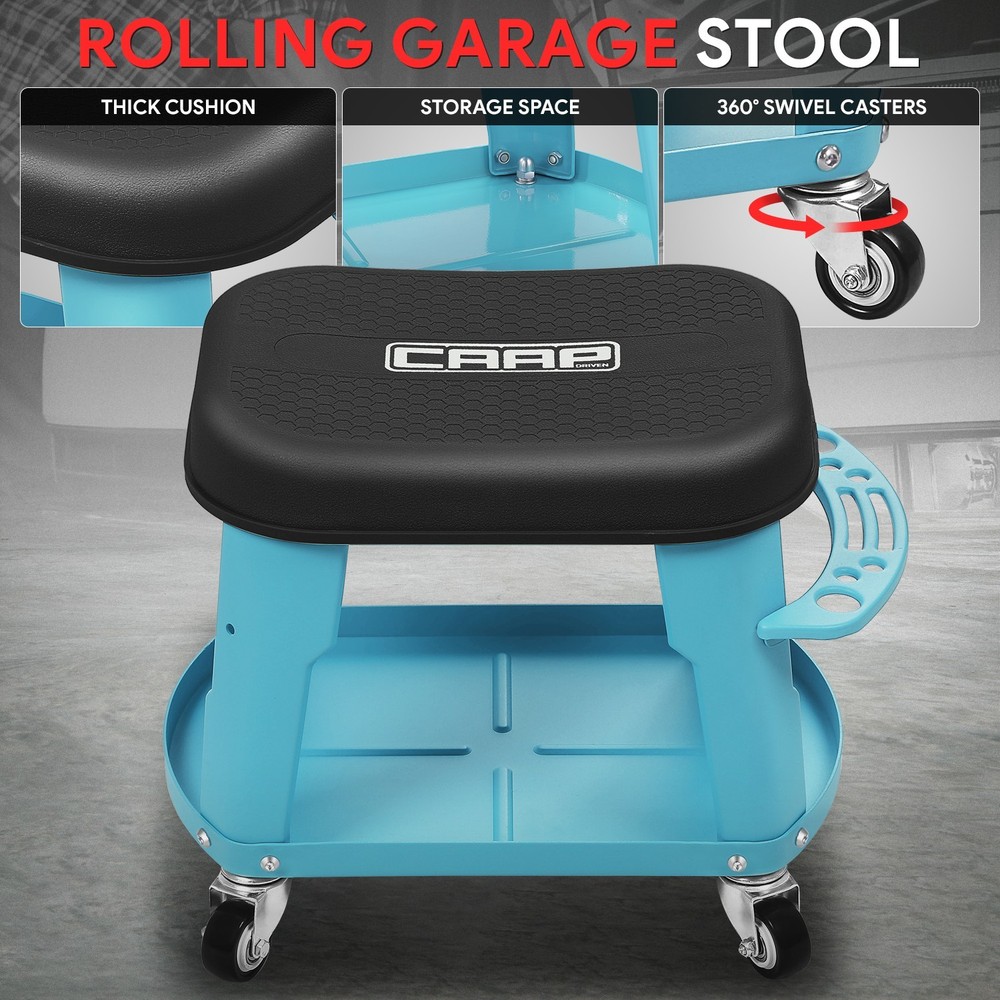 Removable Mechanic Stool Rolling Workshop Mobile Seat w/ Storage Tray Sky Blue