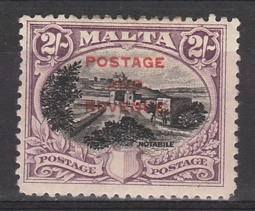 MALTA 1928 POSTAGE & REVENUE OVERPRINT 2/-