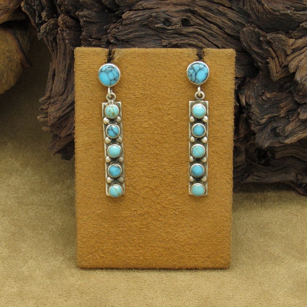 Showy Sterling Silver Block Turquoise Post Dangle Earrings