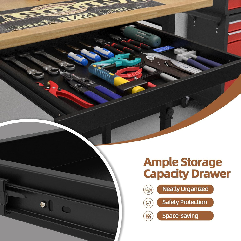 60" Adjustable Workbench with Wheels and Drawer, Solid Wood Rolling Work Bench T