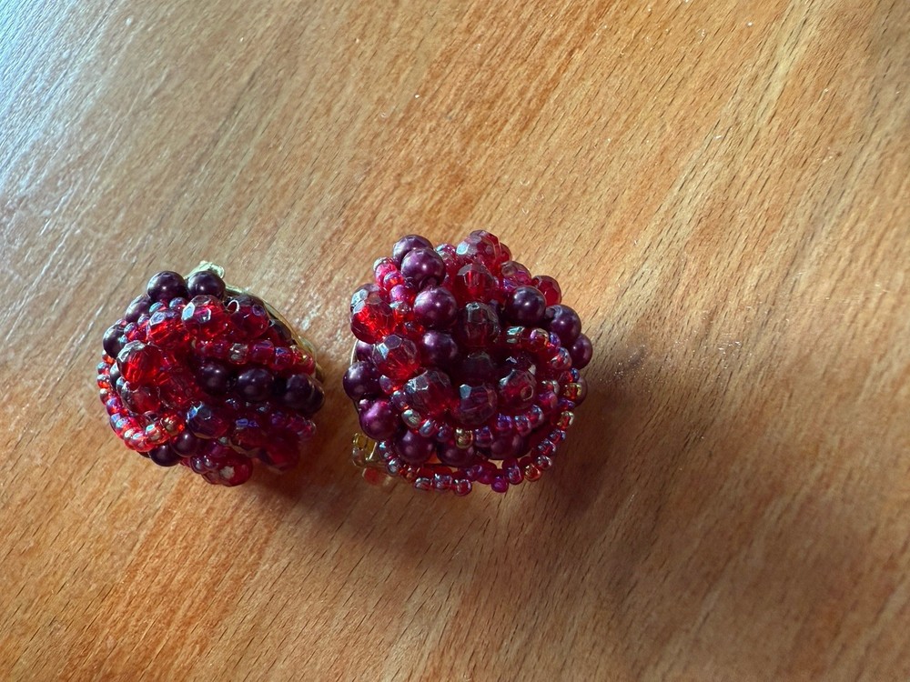 Pair Ruby Red Bead Knot Clip Earrings 7/8"dia.