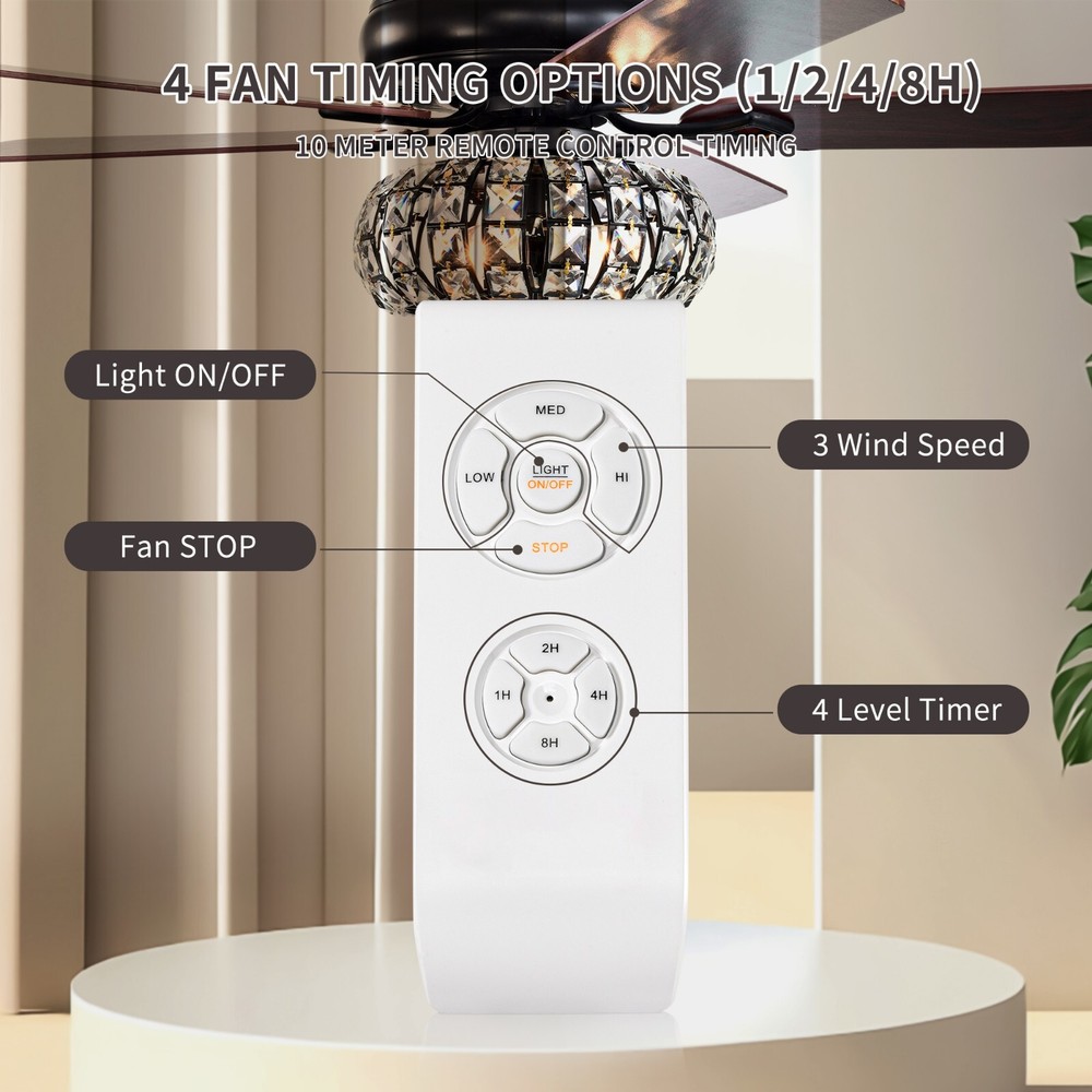 52'' Crystal Shade Ceiling Fan Lamp With Remote Control 3 Speed