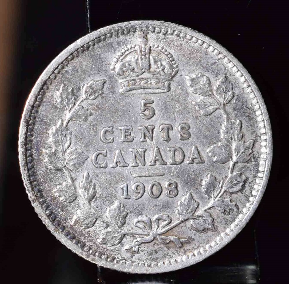 1908 Canada Silver 5 Cents - AU KM#13 $85