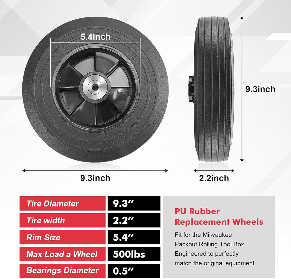 Milwaukee Packout Toolbox Replacement Wheels - 9.3 Inch PU Rubber (2 Pack)