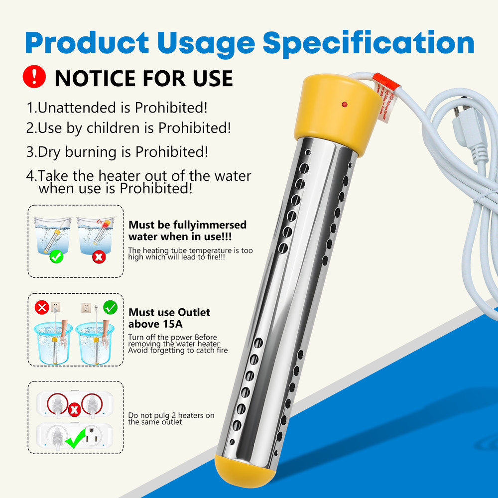 1500W Immersion Heater, Portable Electric Water Heater Fast Heating for Buckets