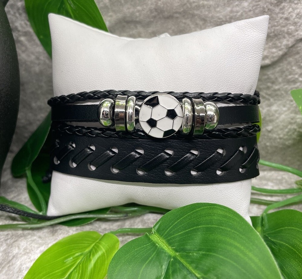 2 PC Soccer Leather Bracelet Stackable Adjustable Tie New Free Ship B2808