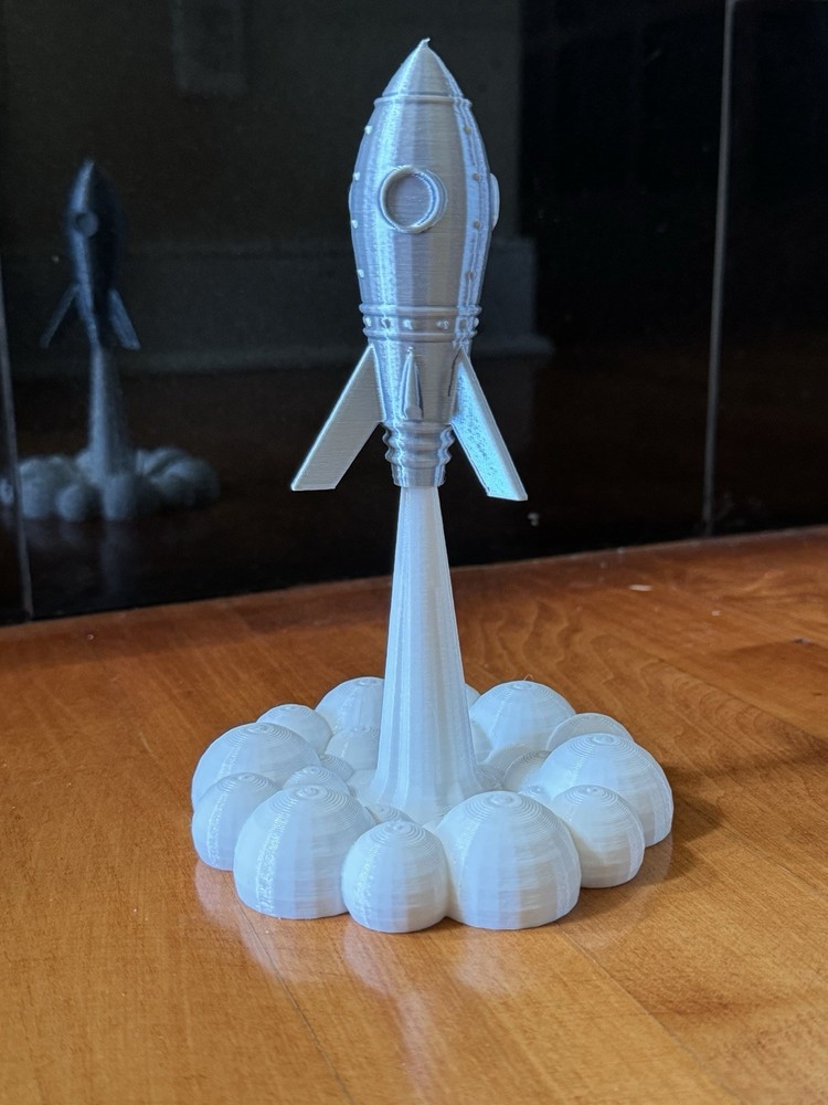3D Printed Silk Silver  PLA Plastic Rocket. Space, Flash Gordon Retro Tintin