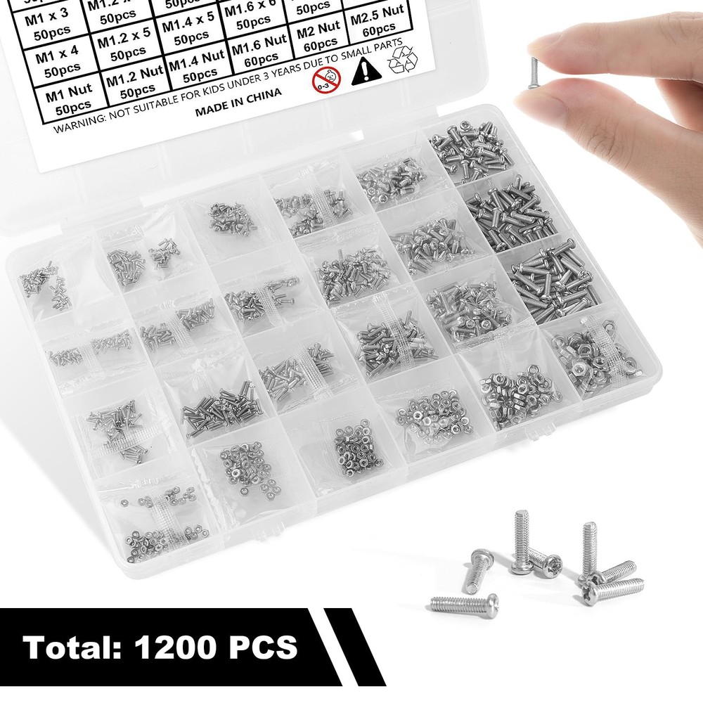 1200pcs Metric Tiny/Very Small/Micro Machine Screw Nuts Assortment Kit, 304 S...