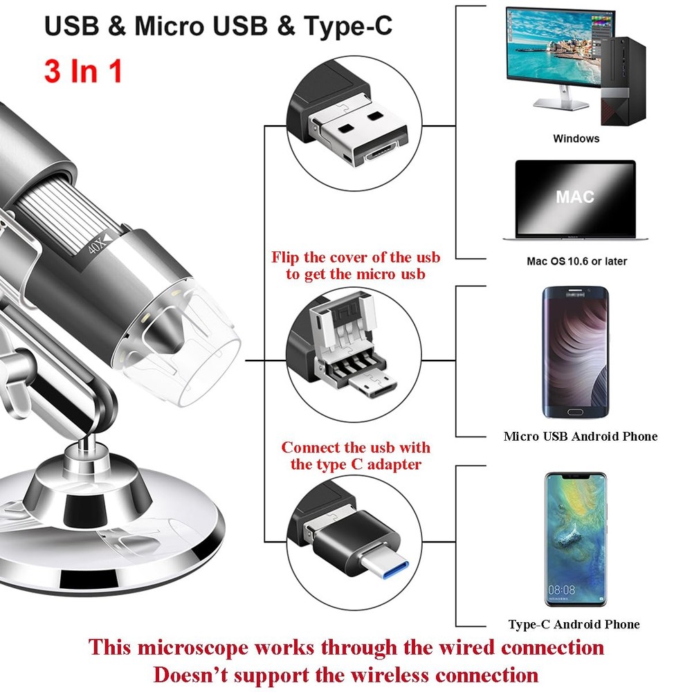 USB Microscope Camera with Stand - Compatible with Android Windows Linux Mac