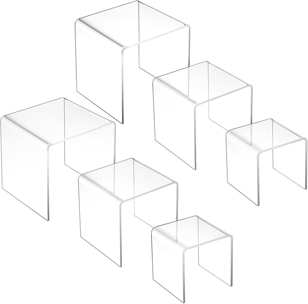 6 Pcs Clear Acrylic Risers Display Stands 0.2" Thick 2 Sets Square 3-Tier Ris...