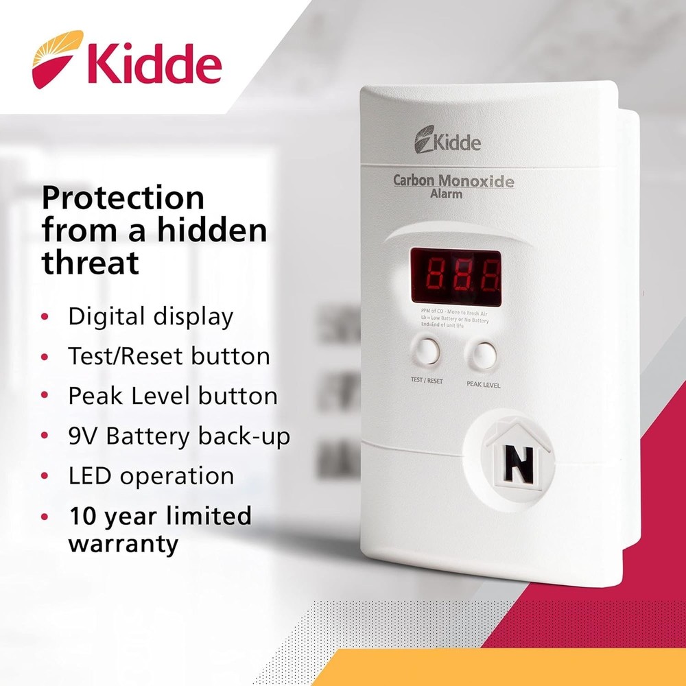 Kidde Carbon Monoxide Detector, Plug In Wall with 9-Volt Battery Backup, Digital