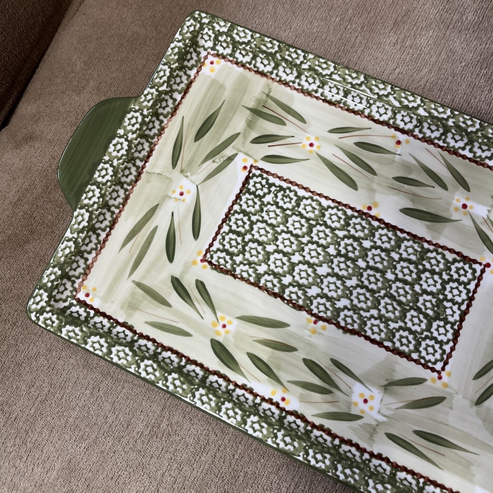 Temp-tations Old World Green Handled Serving Tray Platter Rectangle 16X9.75 EUC