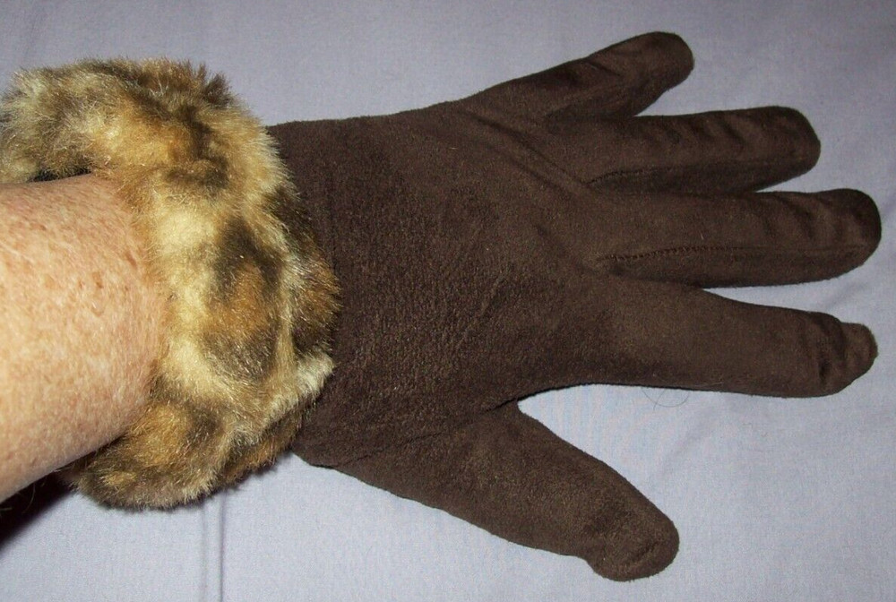 Leopard Faux Fur Gloves Animal Print Winter Furry Fuzzy ~ size L / XL