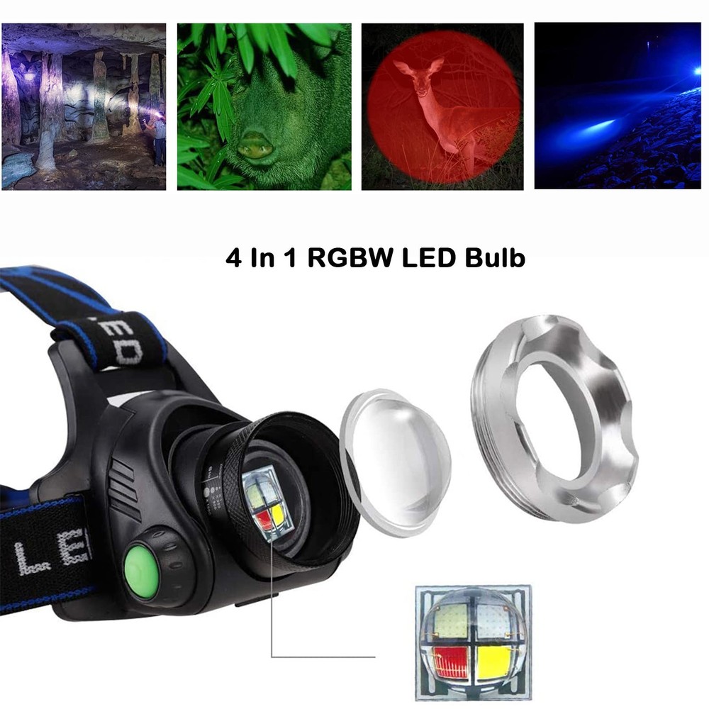Multicolor Headlamp Flashlight 1000 Lumen Waterproof Zoomable Led Headlight w...