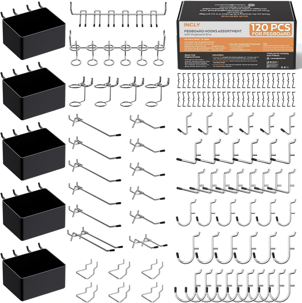 120-Piece Pegboard Organizer Kit with Hooks and Bins for Tool Storage
