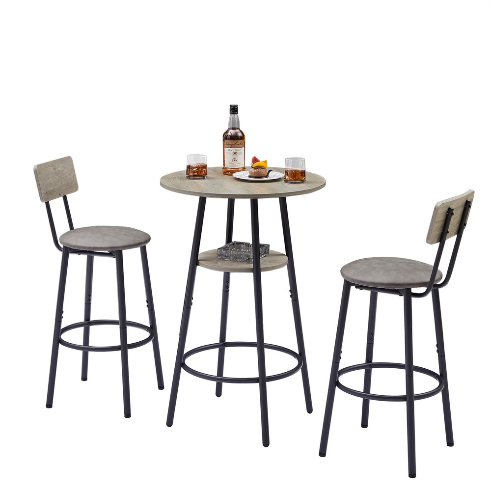 3 Piece Bar Table Set Counter Height Kitchen Pub Table w/ 2 Upholstered Stools