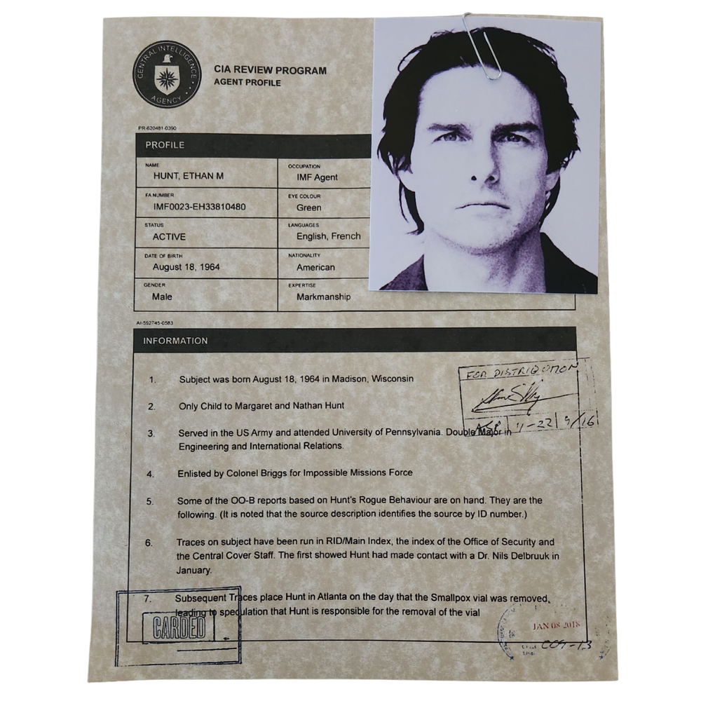 Mission Impossible Agent Profile documents for prop or display, Wall Art