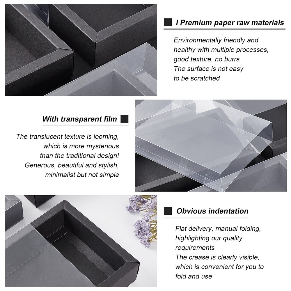 12 Pack Black Drawer Kraft Boxes with PVC Plastic Window 7.3x5x1.4 Rectangle ...