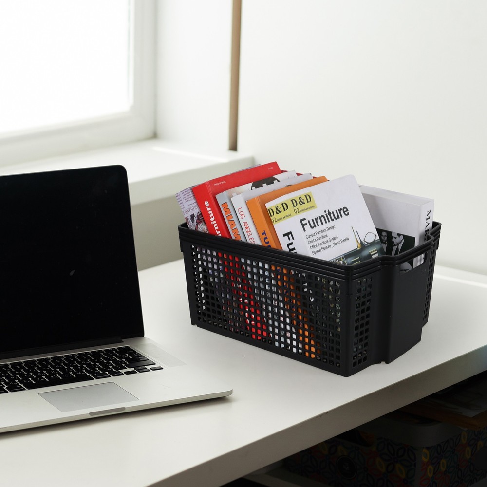 Aninhao 12 Pack Stackable Storage Baskets, Large Plastic Organizer Baskets Black