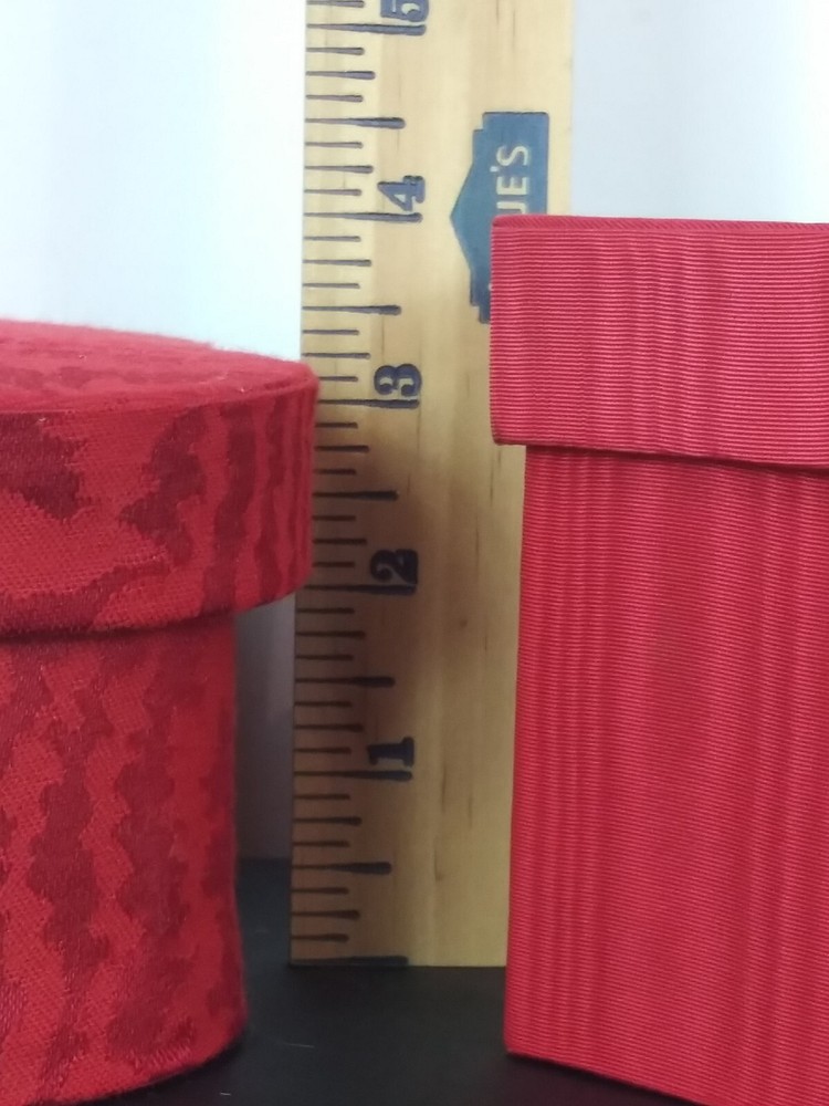 2 Red Fabric Covered Stacking Nesting Heart Boxes Satin Moire & Brocade Wedding