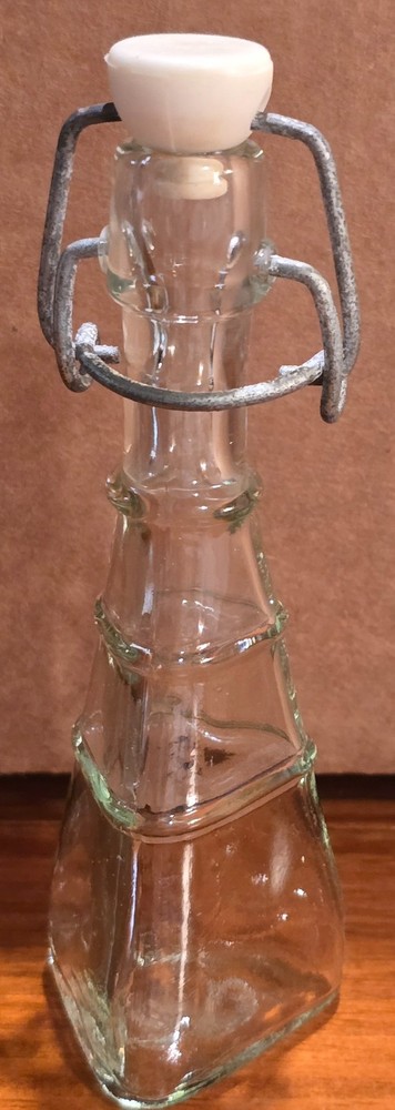 Vintage unusual glass, triangular bottle w/bail & stopper closure