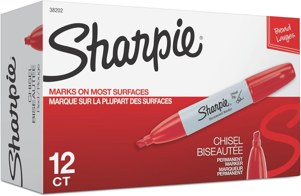 Permanent Markers, Chisel Tip, Red, 12 Count
