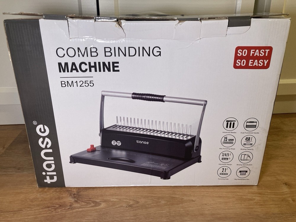 Tianse BM1255 Comb Binding Machine, 21-Holes, 450 Sheets 15 Max Punching Sheets