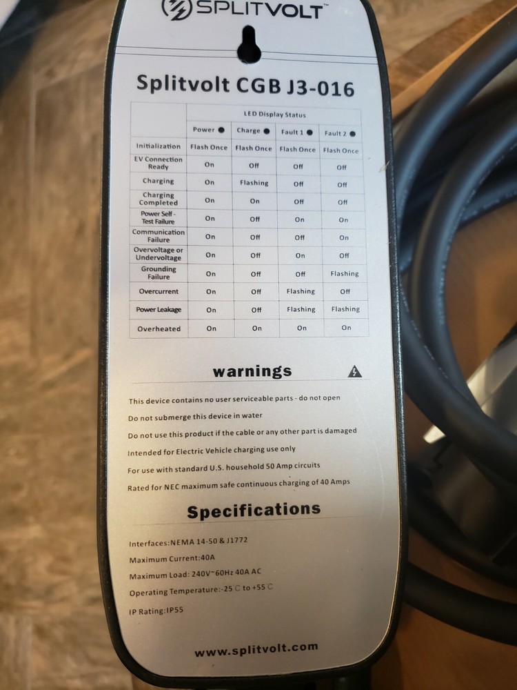 Splitvolt 40A NEMA 14-50 EV Charger Portable Level 2 240V