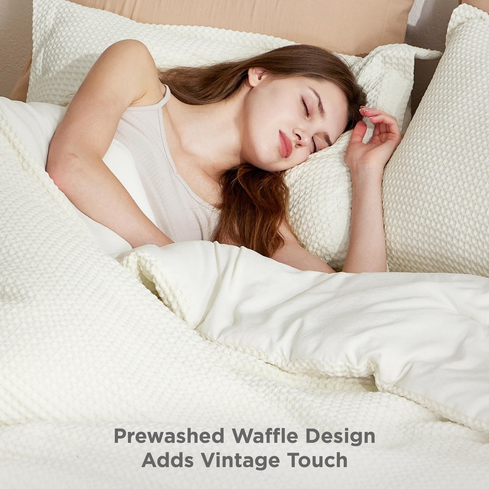 Bedsure Waffle Comforter Set Queen, Soft and Breathable Cream Bedding Comfort...