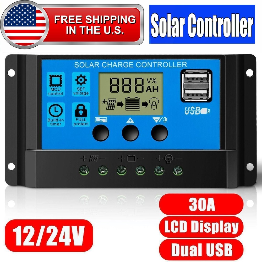 30A Solar Panel Battery Charge Controller 12V/24V LCD Regulator Auto Dual