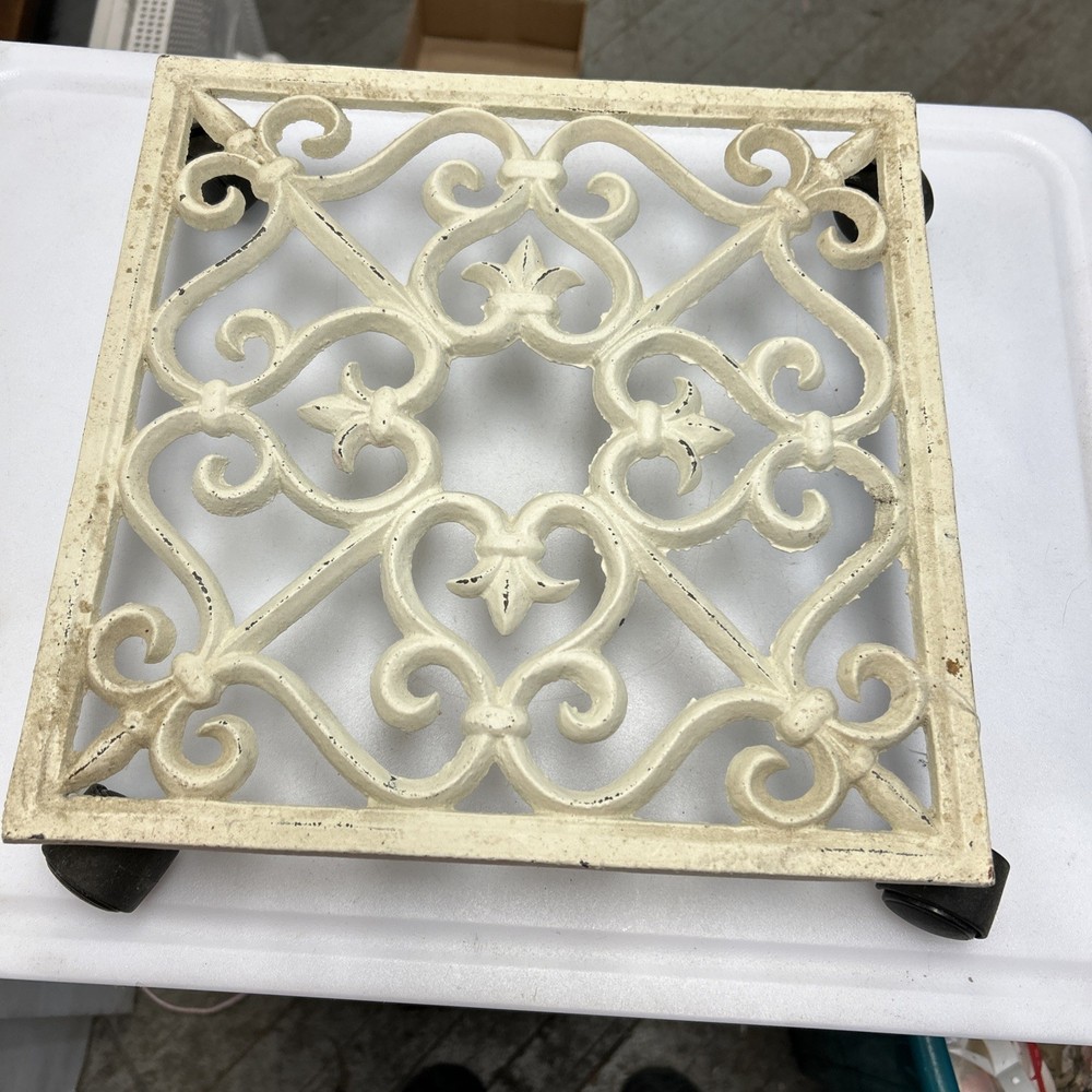 White Cast Iron Decorative Square Rolling Plant Stand