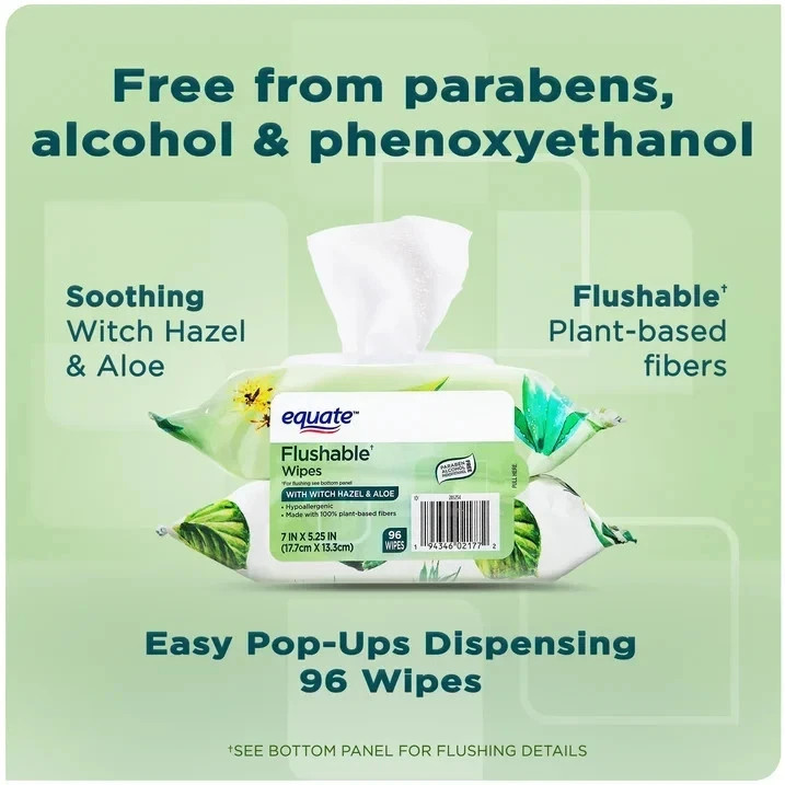 Equate Flushable Wet Wipes with Witch Hazel & Aloe, 96 Wipes (2 Pack)