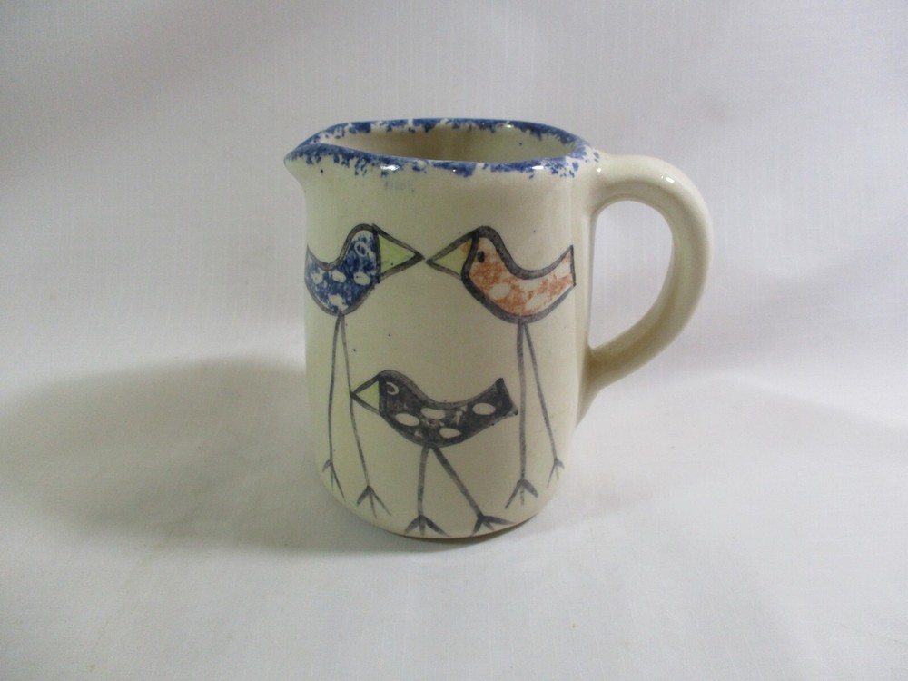Handcrafted Three Bird Spongeware 4" Handled Stoneware Pottery Creamer