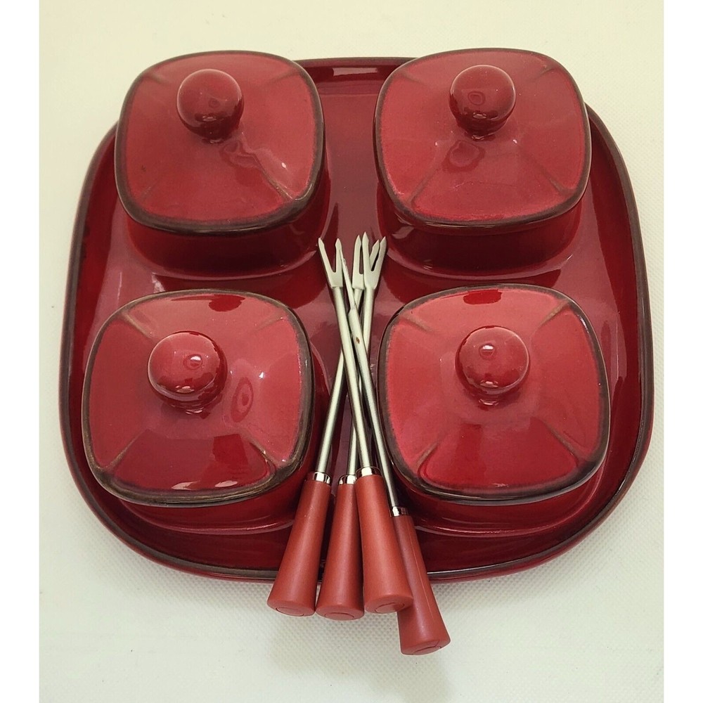 Condiment Server-Pottery Barn-4 Sections-Forks-Burgundy/Red-Square Server