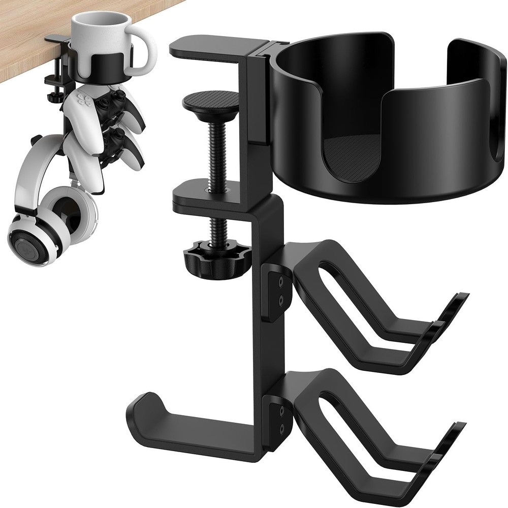 Universal Adjustable Cup Holder with Rotating Arm for Headphones & Controllers