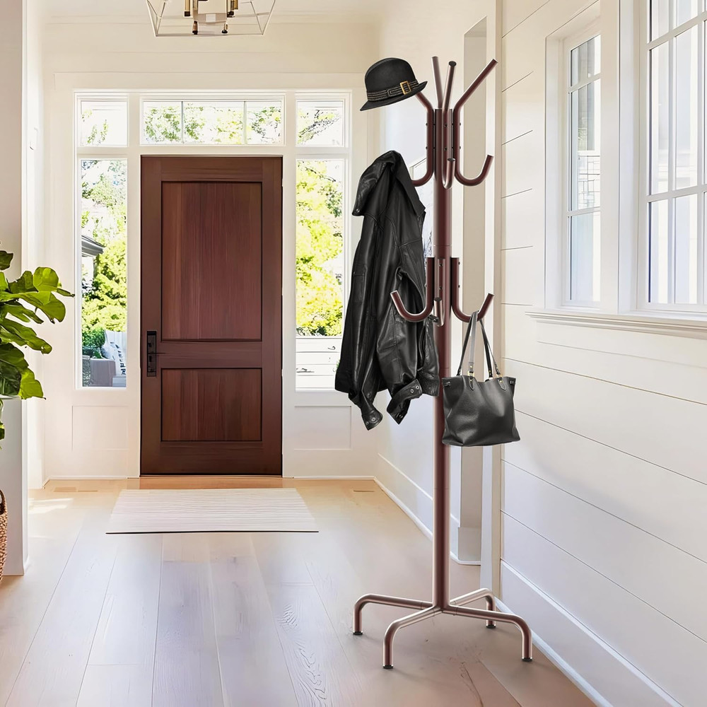 Standing Coat and Hat Hanger Organizer Rack, 12 Hooks, Bronze