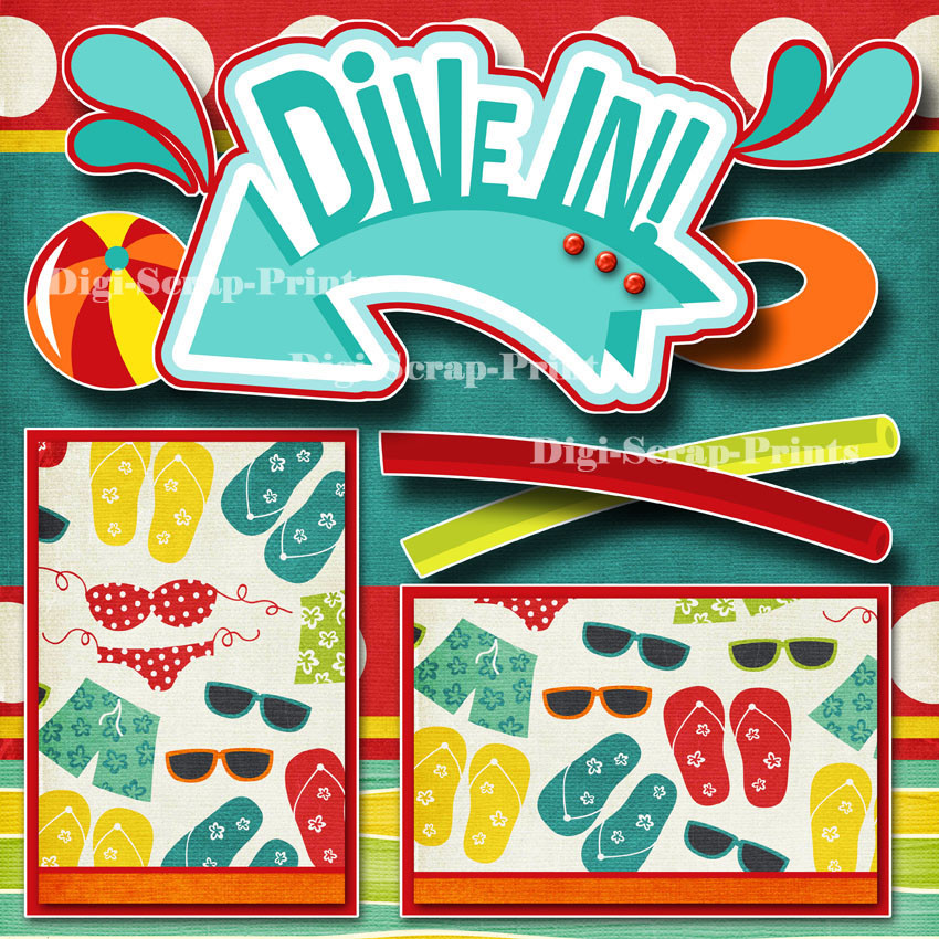 DIVE IN POOL 2 premade scrapbook pages paper piecing layout printed BY DIGISCRAP