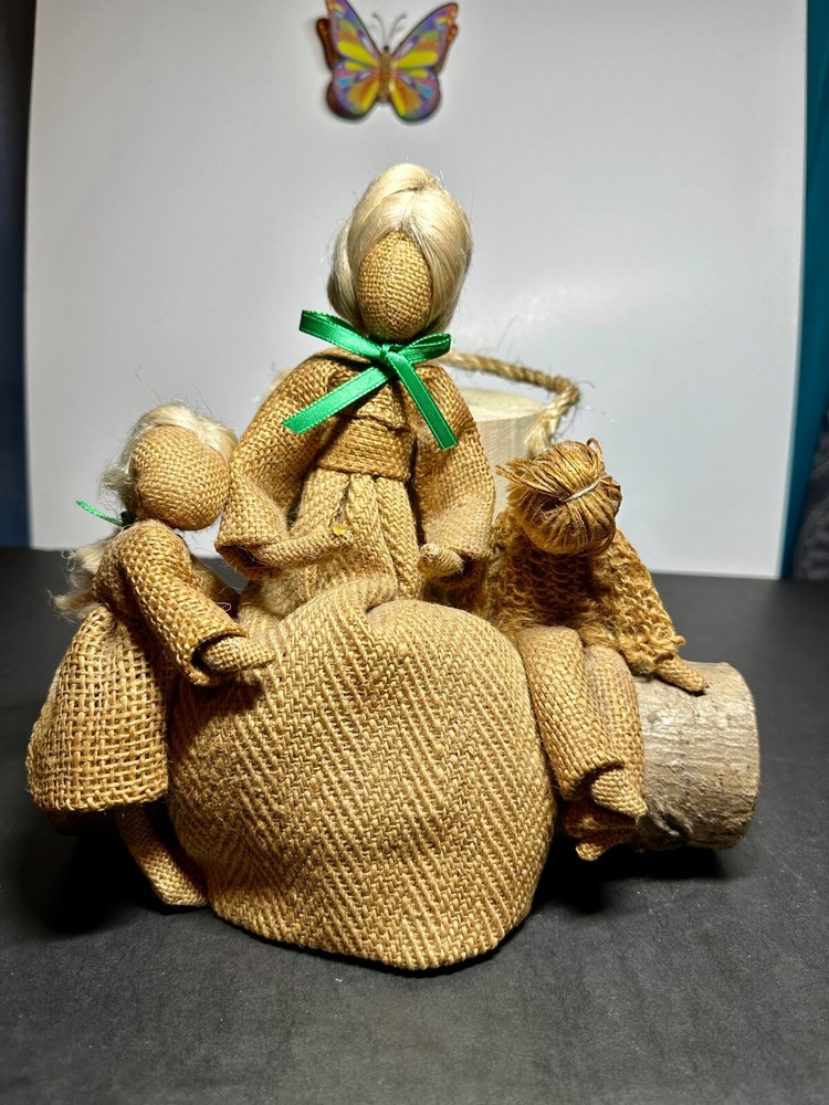 Vintage Burlap Figures Sitting On Real Log