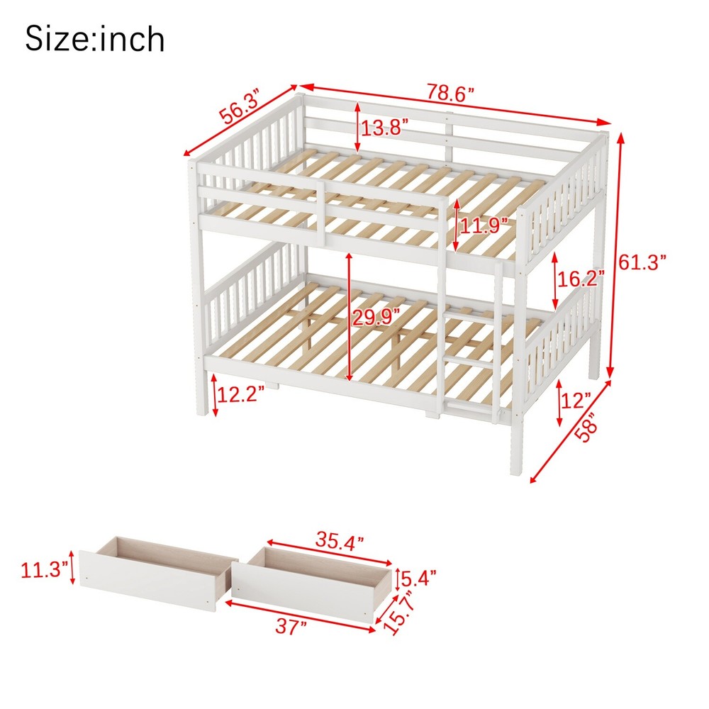 Full Over Full Wood Bunk Bed Convertible Full Size Bed Frame with 2 Drawers